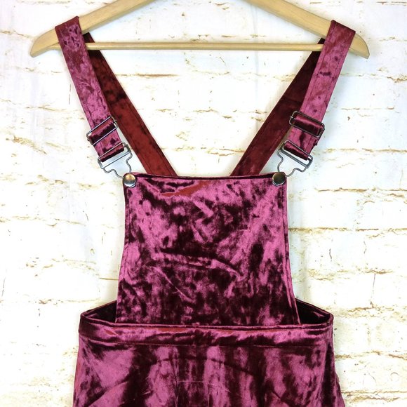 Hot Topic Crushed Velvet Jumper Overall Dress Women S Burgundy Skirtall Pinafore - Picture 4 of 14